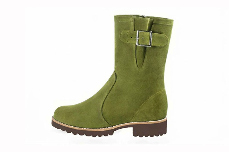 Classic leather ankle boots featuring adjustable side buckles and sleek hardware for secure support and timeless everyday style, in pistachio green leather with round toe and chunky rubber lug sole - Florence KOOIJMAN